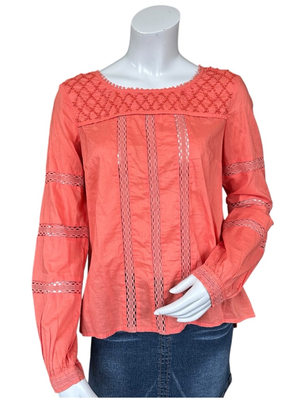 Free People Boho Peasant Coral Salmon Orange Beaded High Neck Blouse Size XS